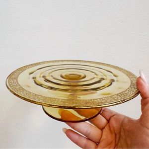 Vintage Gold Floral Trim Amber Pedestal Dish